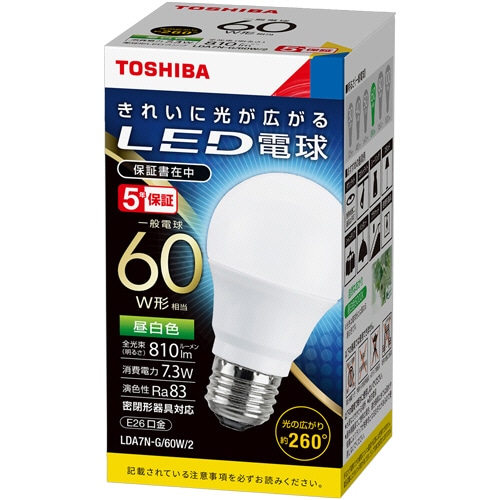東芝ライテック　LED電球　一般電球形　E26口金　7.3W　昼白色　LDA7N-G／60W／2　1個（ご注文単位1個）【直送品】