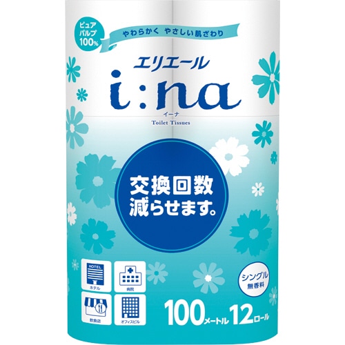 大王製紙　エリエール　i：na（イーナ）トイレットティシュー　シングル　芯あり　100m　無香料　1セット（72ロール：12ロール×6パック）（ご注文単位1セット）【直送品】