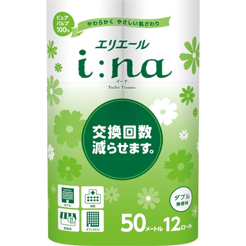 大王製紙　エリエール　i：na（イーナ）トイレットティシュー　ダブル　芯あり　50m　無香料　1セット（72ロール：12ロール×6パック）（ご注文単位1セット）【直送品】