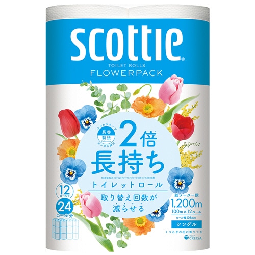 日本製紙クレシア スコッティ 2倍巻き フラワーパック シングル 芯あり 100m 1セット(48ロール:12ロール×4パック)(ご注文単位1セット)【直送品】