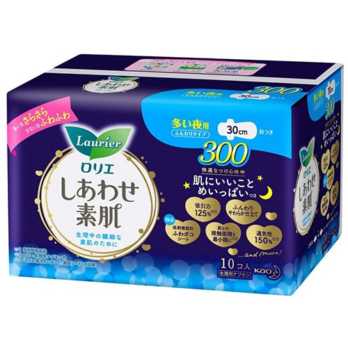 花王　ロリエ　しあわせ素肌　ふんわりタイプ　多い夜用30cm　羽つき　1セット（180個：10個×18パック）（ご注文単位1セット）【直送品】