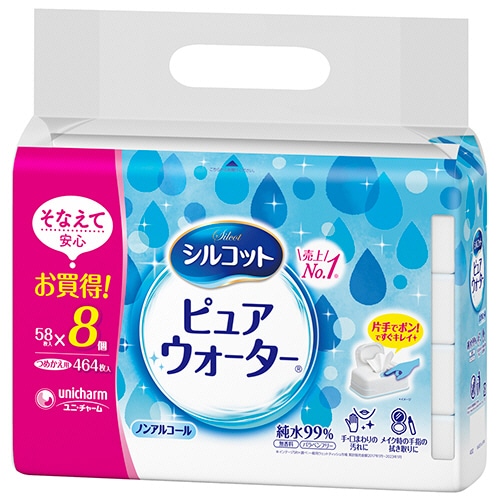 ユニ・チャーム シルコットウェットティッシュ ピュアウォーター つめかえ用 1セット(1856枚:464枚×4パック)(ご注文単位1セット)【直送品】