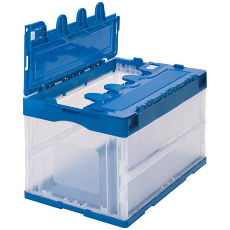 TANOSEE 折りたたみコンテナ フタ一体型 アシストロック 50L ダークブルー/透明 1セット(10台) （ご注文単位1セット）【直送品】