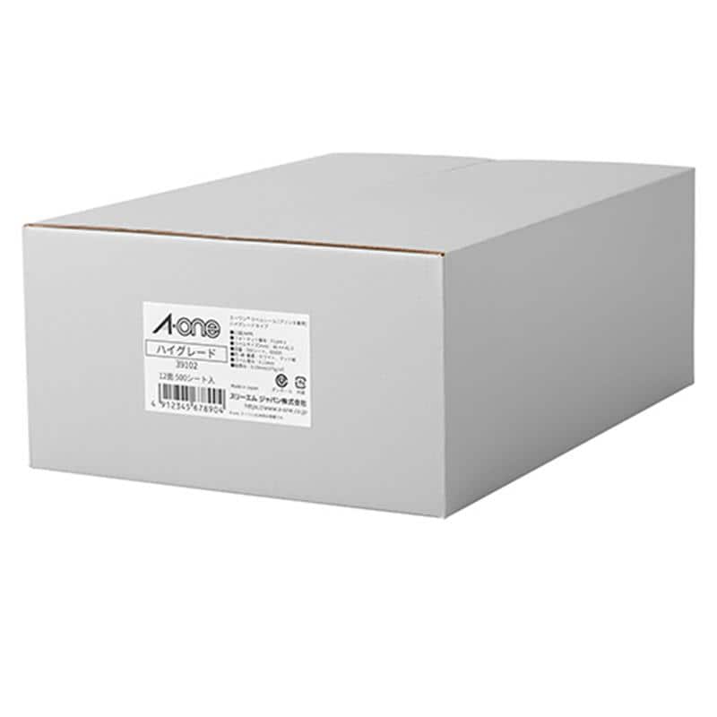 エーワン ラベルシール[プリンタ兼用] ハイグレードタイプ ホワイト A4 12面 86.4×42.3mm 四辺余白付 39102 1箱(500シート) （ご注文単位1箱）【直送品】