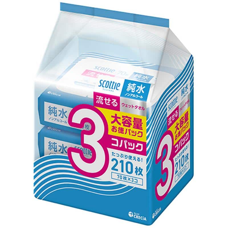 日本製紙クレシア スコッティ 流せるウェットタオル 純水99% ノンアルコール 1セット(210枚:70枚×3パック) （ご注文単位1セット）【直送品】