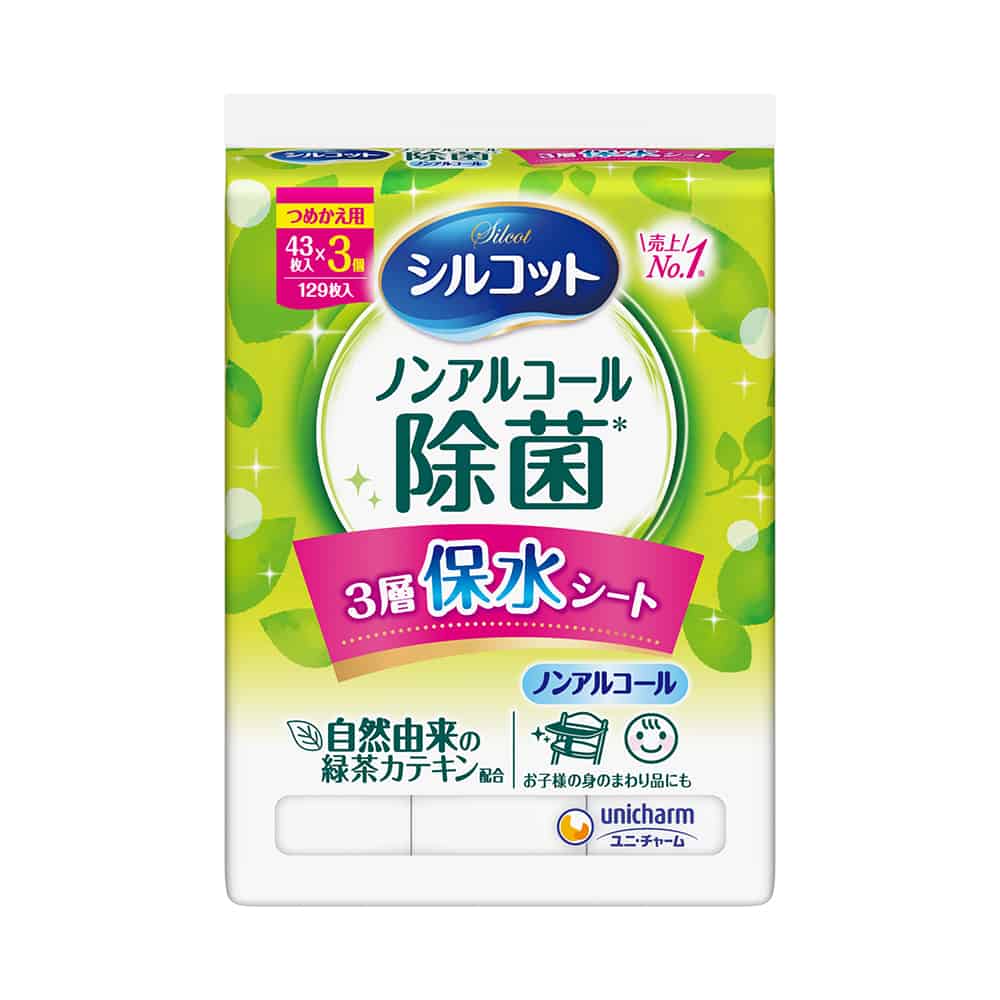 ユニ・チャーム　シルコットノンアルコール除菌詰替え43枚×3個 1パック（ご注文単位1パック）【直送品】