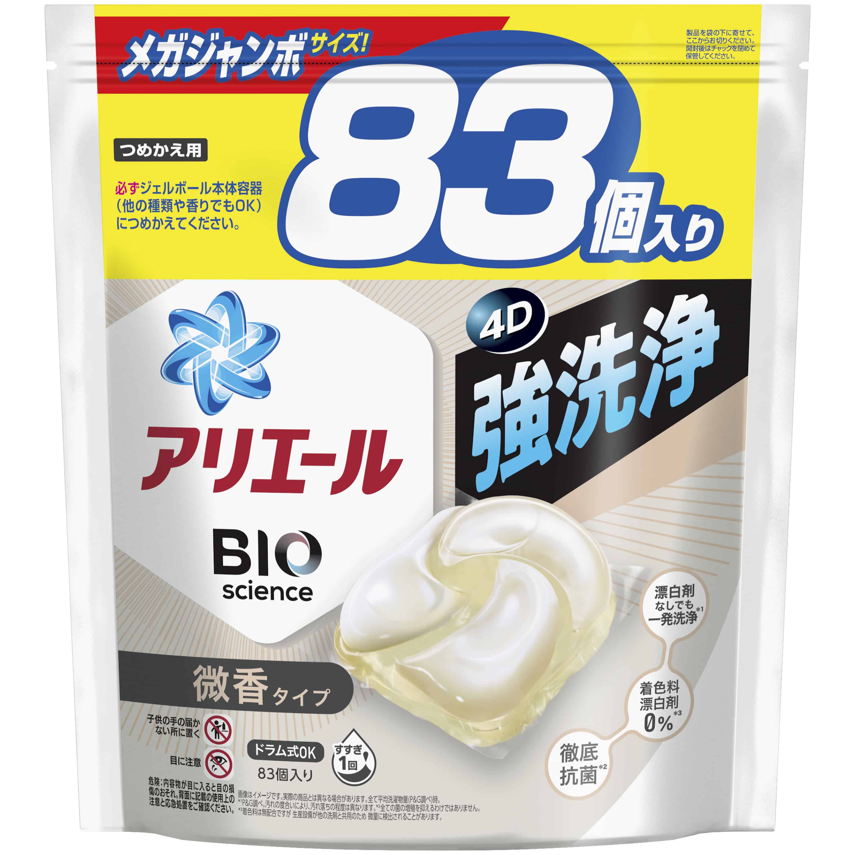 P＆Gジャパン合同会社　アリエールジェルボール4D微香　つめかえメガジャンボサイズ83個入 1袋（ご注文単位1袋）【直送品】