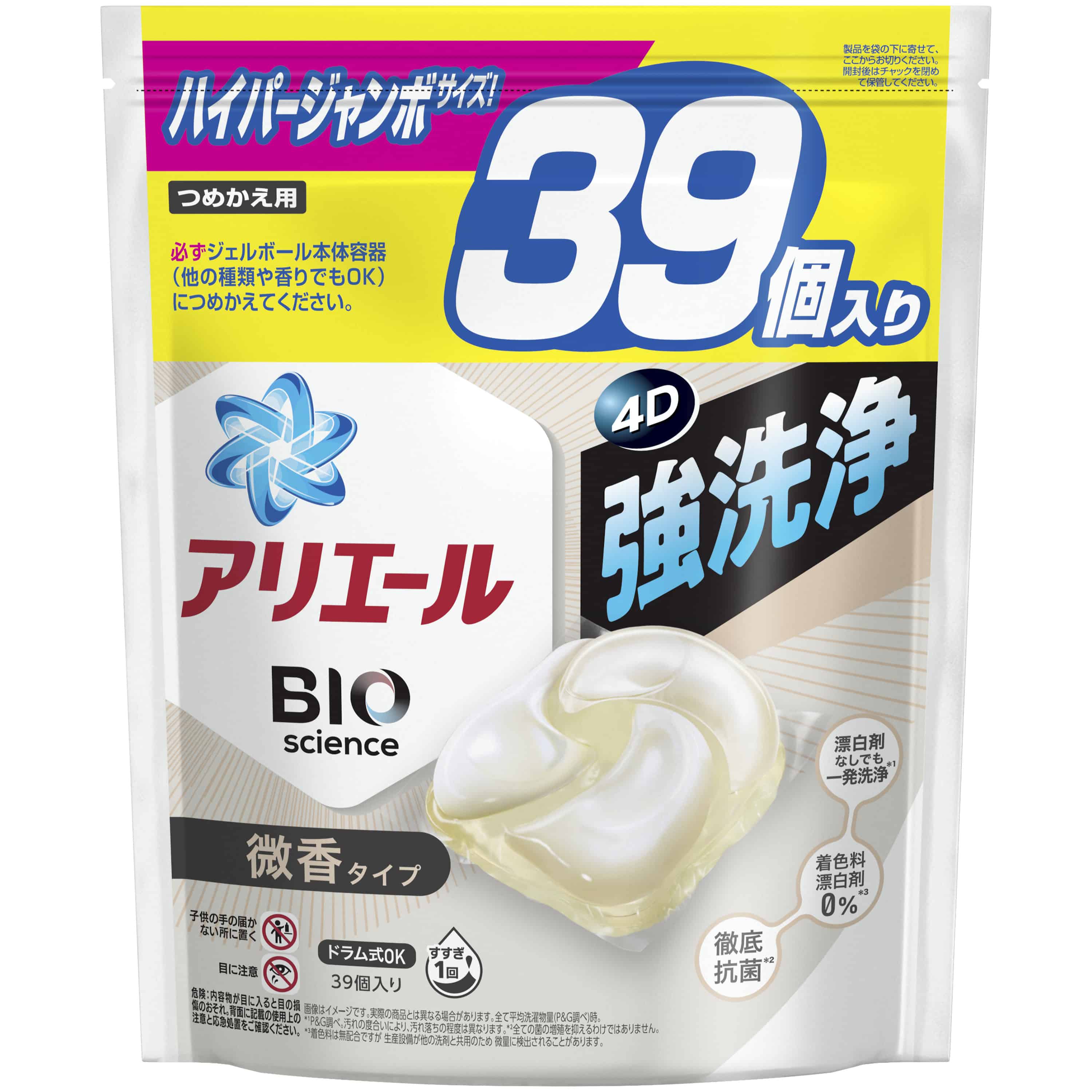 P＆Gジャパン合同会社　アリエールジェルボール4D微香　つめかえハイパージャンボサイズ39個入 1袋（ご注文単位1袋）【直送品】