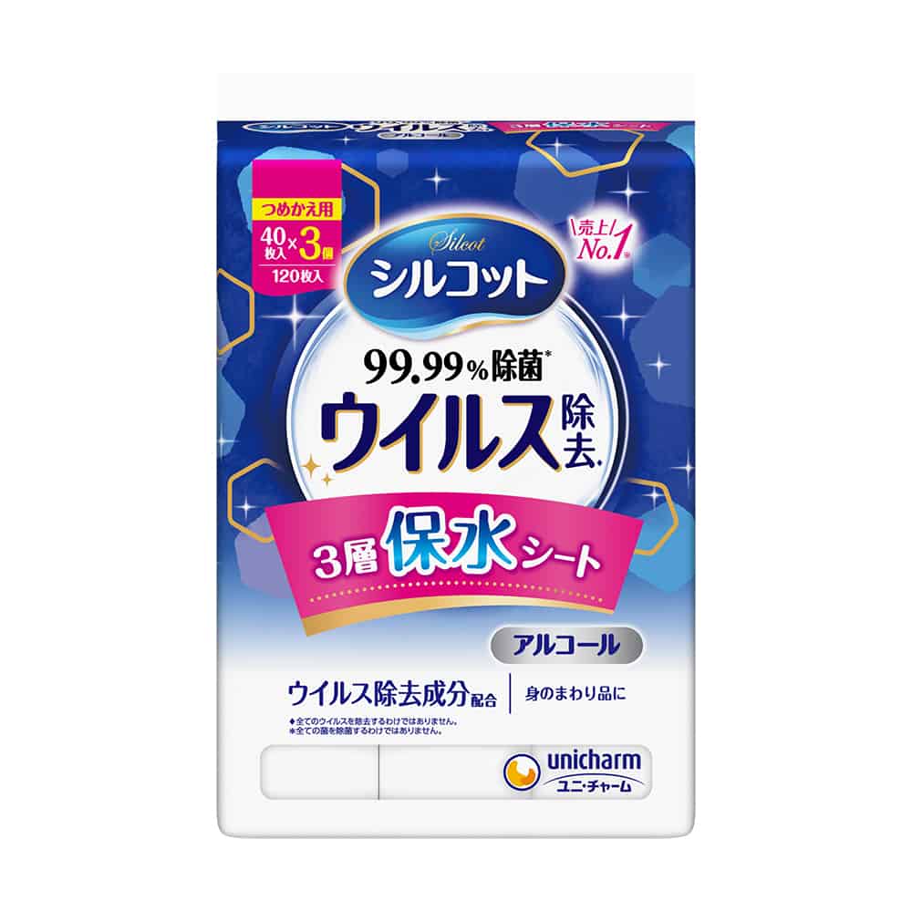 ユニ・チャーム　シルコット　ノロクリア除菌ウェットティッシュ　詰替　40枚×3個入 1袋（ご注文単位1袋）【直送品】