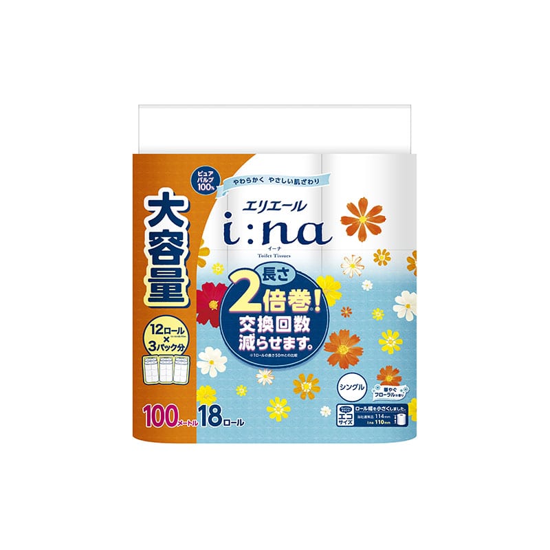 大王製紙 エリエールi：na(イーナ) トイレットティシュー シングル 18ロール/個（ご注文単位1個）【直送品】