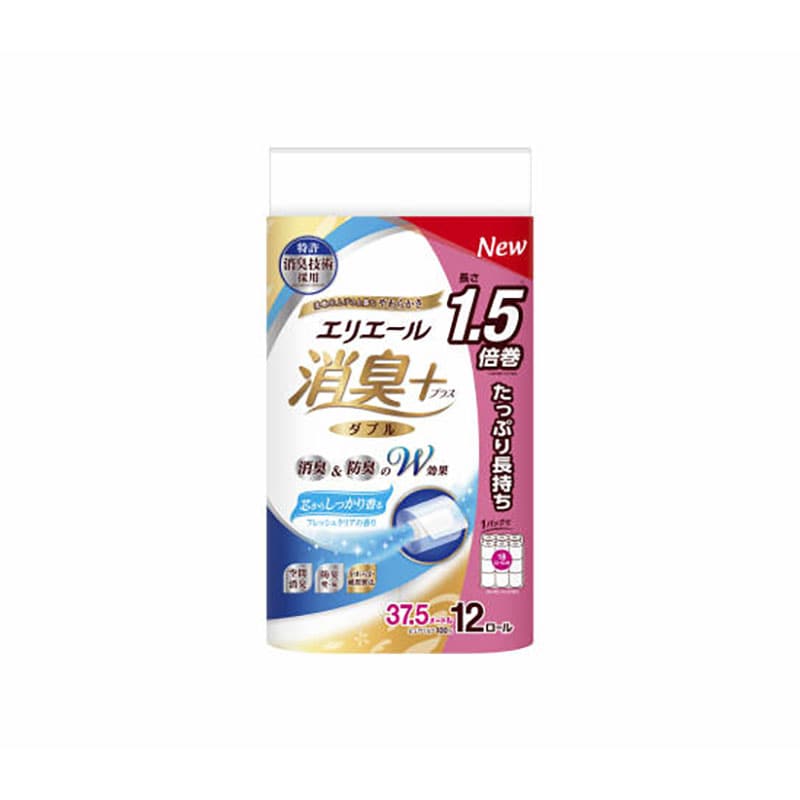 大王製紙 エリエール消臭+トイレットティシュー 芯からしっかり香るフレッシュクリアの香り ダブル たっぷり長持ち12ロール/個（ご注文単位1個）【直送品】