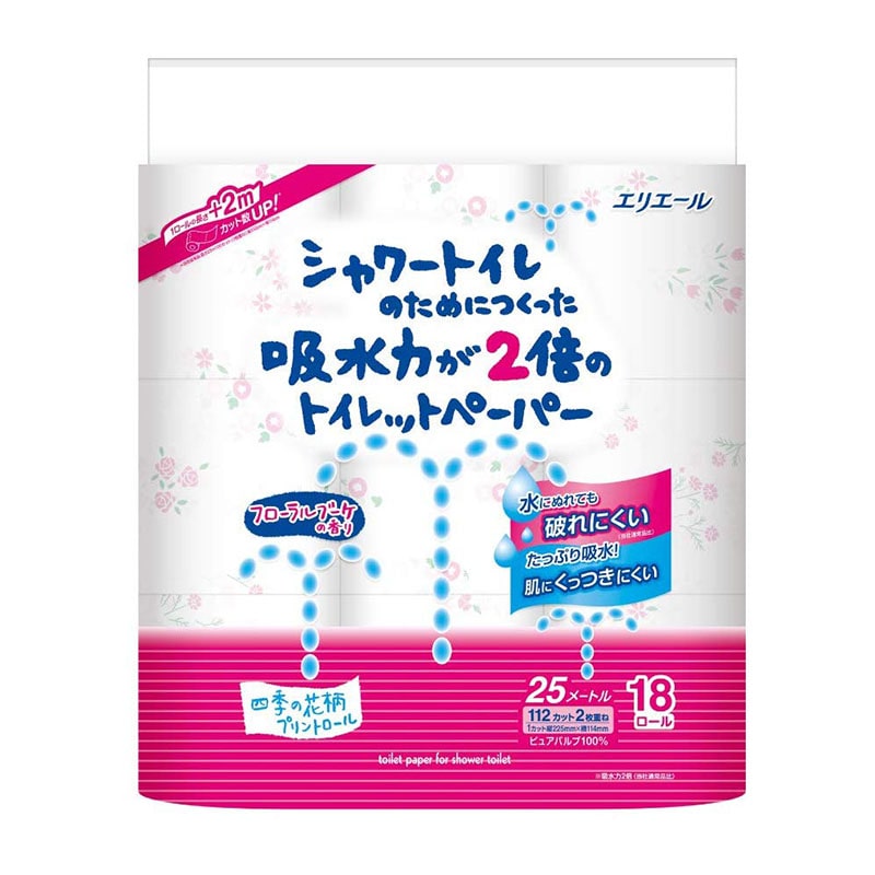 大王製紙 エリエール シャワートイレのためにつくった吸水力が2倍のトイレットペーパーフラワープリント香水付き ダブル 18ロール/個（ご注文単位1個）【直送品】