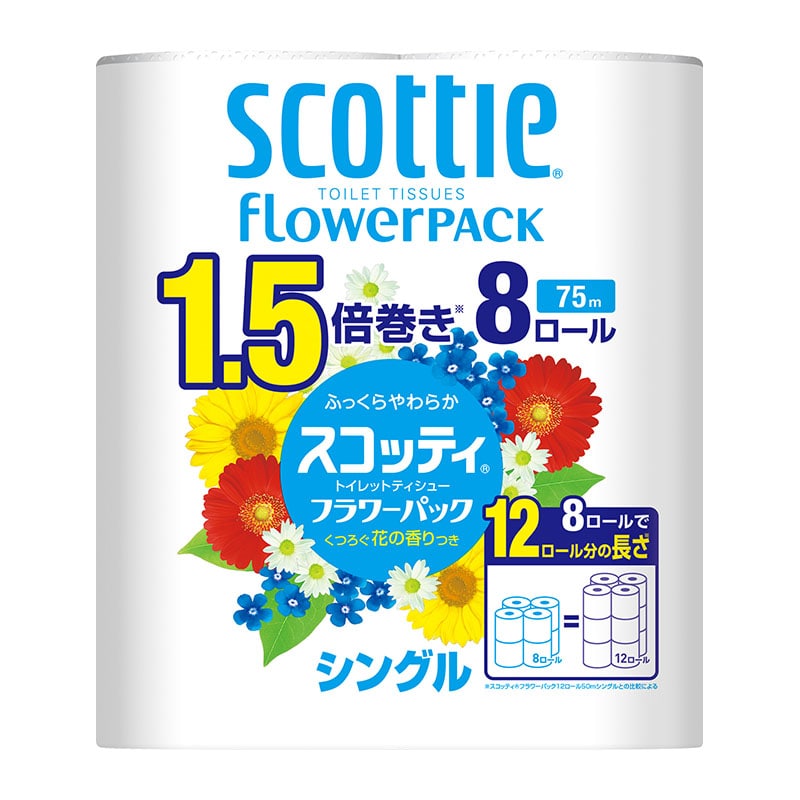 日本製紙クレシア スコッティフラワーパック1.5倍巻き 600m 8ロール シングル 1個（ご注文単位1個）【直送品】
