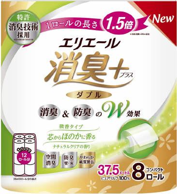 大王製紙 エリエール 消臭+トイレットティシュー 芯からほのかに香るナチュラルクリアの香り コンパクト8R(ダブル) 8巻/パック(ご注文単位1パック)【直送品】