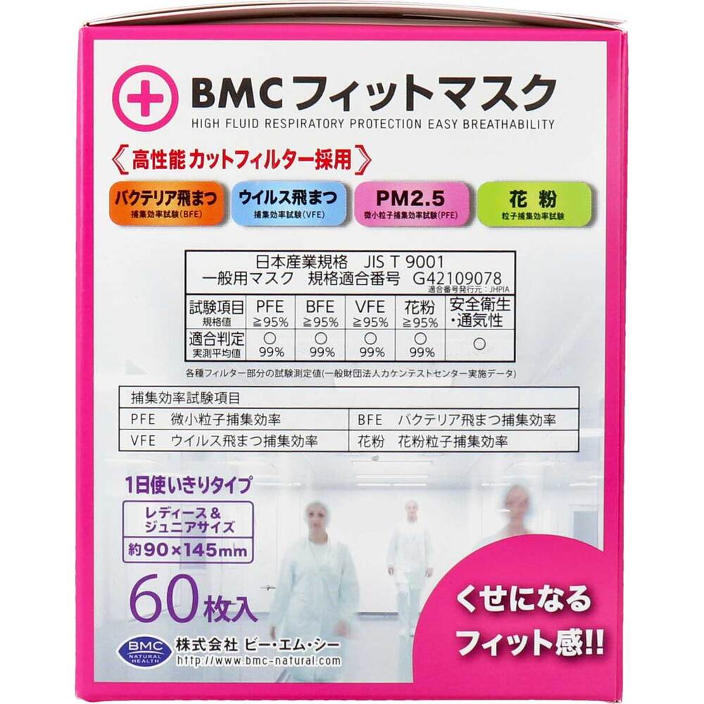 ビー・エム・シー BMC フィットマスク 1日使い切りタイプ レディース&ジュニアサイズ 60枚入 1箱(ご注文単位1箱)【直送品】