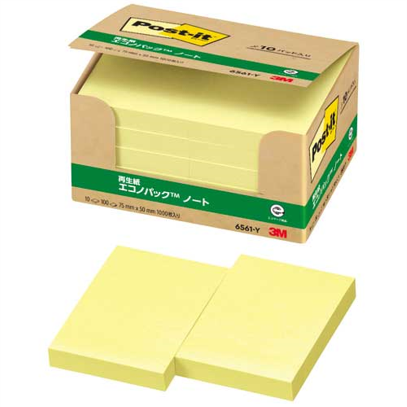 スリーエム ジャパン Post-it再生紙 75×50mm 6561-Y イエロー  1個（ご注文単位1個）【直送品】