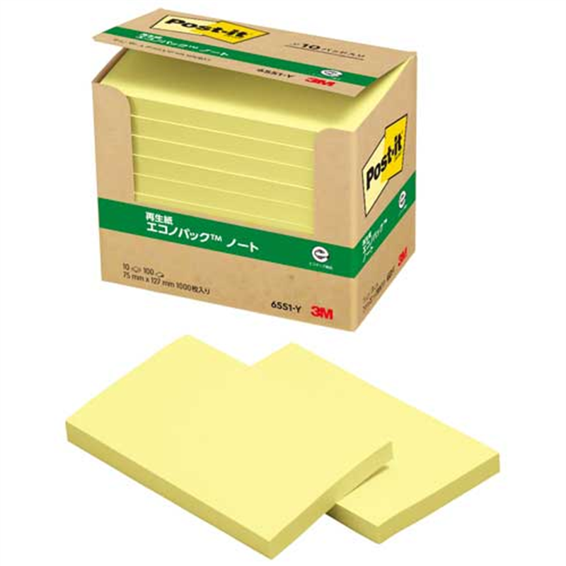 スリーエム ジャパン Post-it再生紙 75×127mm 6551-Y イエロー  1個（ご注文単位1個）【直送品】