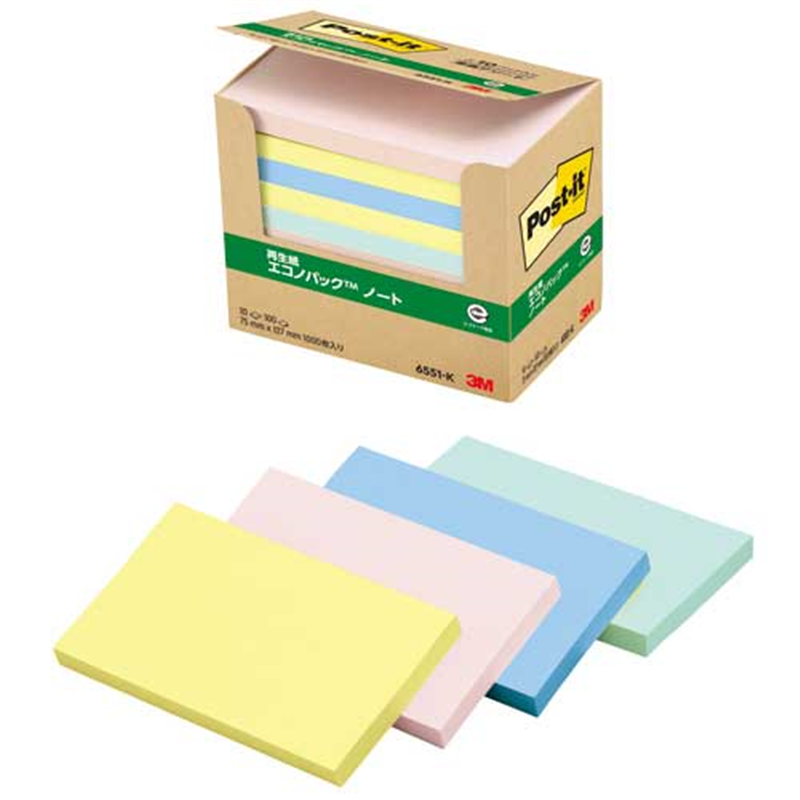 スリーエム ジャパン Post-it再生紙 75×127mm 6551-K 混色  1個（ご注文単位1個）【直送品】
