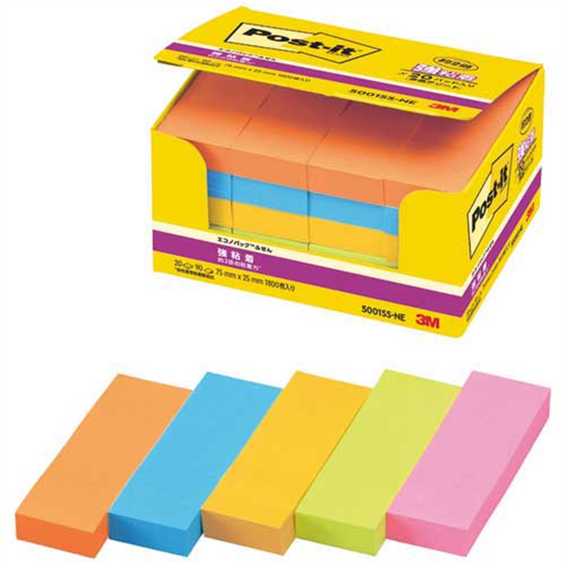 スリーエム ジャパン Post-it強粘着75×25mm 5001SS-NE 5色  1個（ご注文単位1個）【直送品】