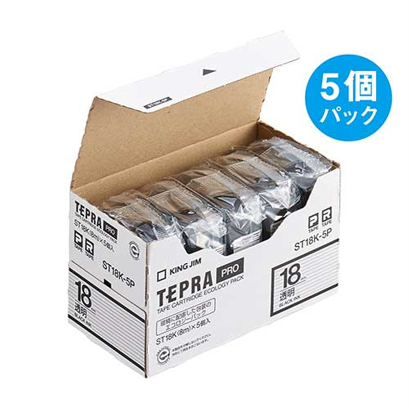 キングジム テプラPROテープST18K-5P透明に黒字18mm 5個/箱（ご注文単位1箱）【直送品】