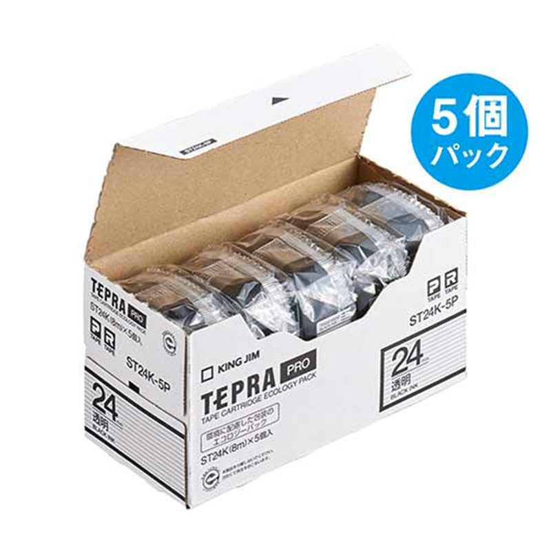 キングジム テプラPROテープST24K-5P透明に黒字24mm 5個/箱（ご注文単位1箱）【直送品】