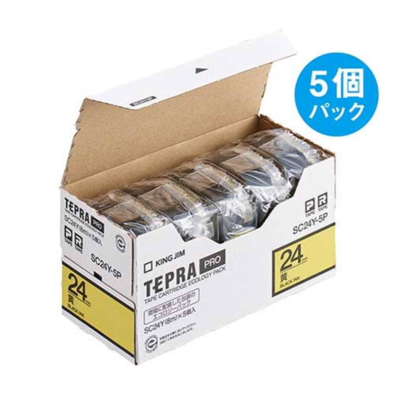 キングジム テプラPROテープSC24Y-5P 黄に黒字 24mm 5個/箱（ご注文単位1箱）【直送品】