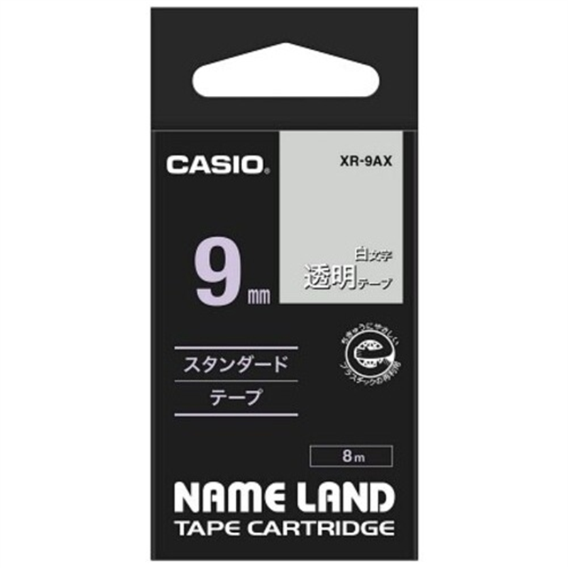 カシオ計算機 白文字テープ XR-9AX 透明に白文字 9mm  1個（ご注文単位1個）【直送品】