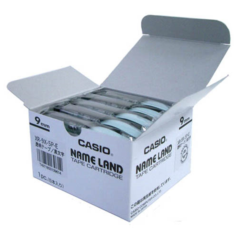 カシオ計算機 テープ XR-9X-5P-E 透明に黒文字 9mm 5個/箱（ご注文単位1箱）【直送品】