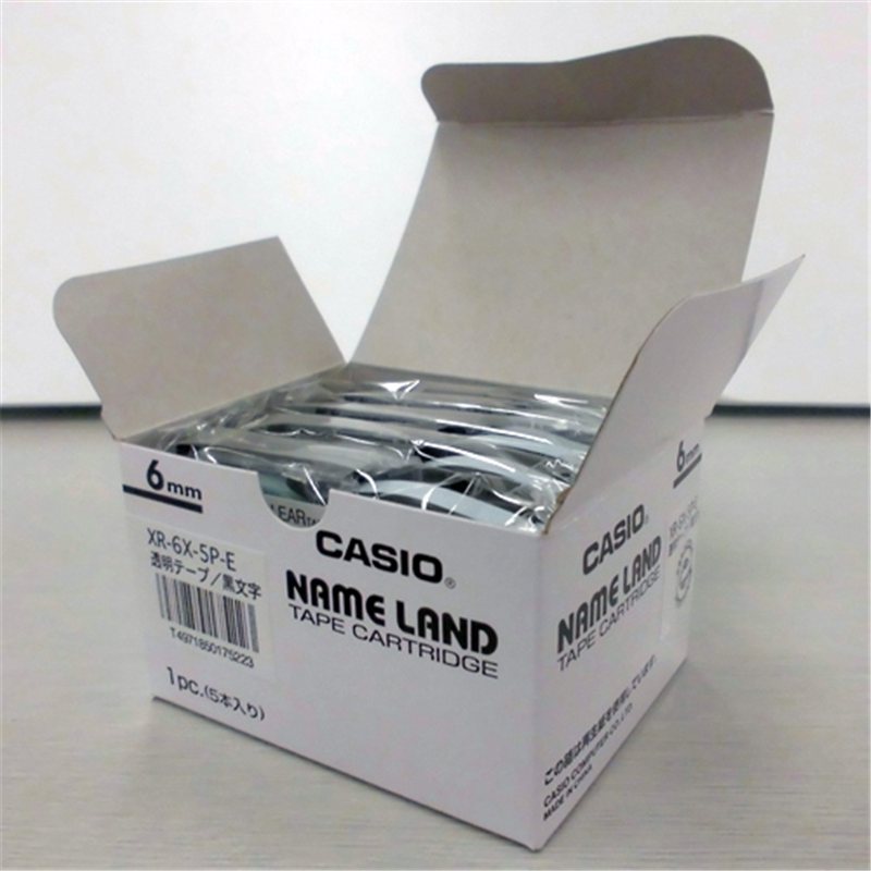 カシオ計算機 テープ XR-6X-5P-E 透明に黒文字 6mm 5個/箱（ご注文単位1箱）【直送品】