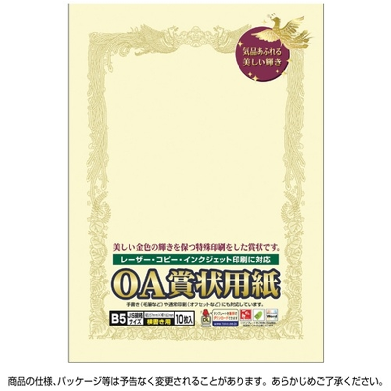 ササガワ 賞状用紙 10-1058 B5 横書 10枚 1個（ご注文単位1個）【直送品】