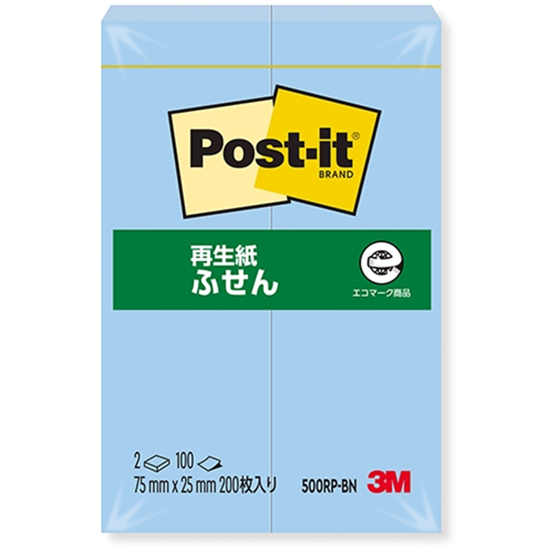 スリーエム ジャパン Post-it再生紙 75×25mm 500RP-BN ブルー 1個（ご注文単位1個）【直送品】