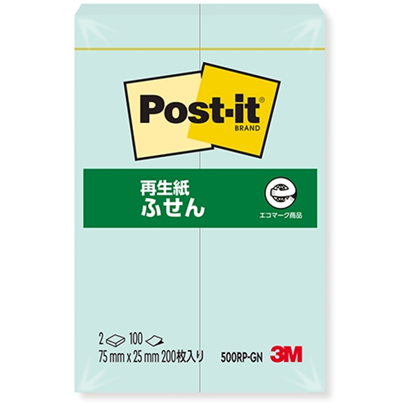 スリーエム ジャパン Post-it再生紙 75×25mm 500RP-GN グリーン 1個（ご注文単位1個）【直送品】