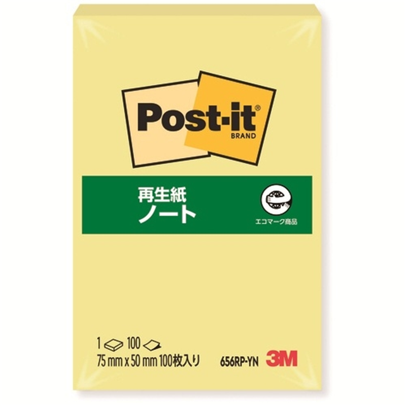 スリーエム ジャパン Post-it再生紙 75×50mm 656RP-YN イエロー 1個（ご注文単位1個）【直送品】