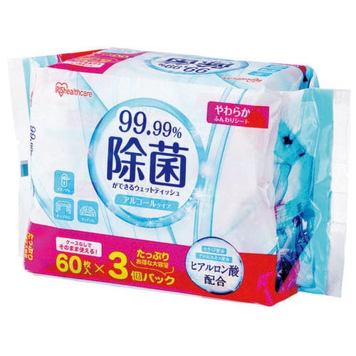 アイリスオーヤマ 除菌ウェットティッシュ アルコール 60枚×3パック/セット（ご注文単位1セット）【直送品】