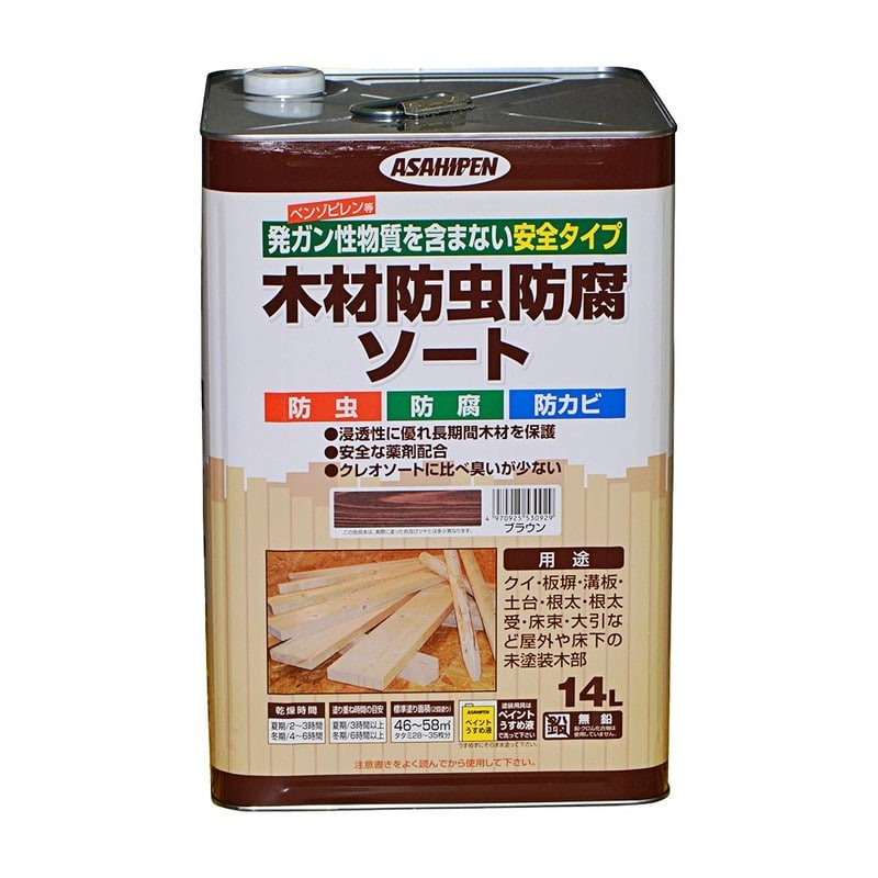 アサヒペン 9011618 木材防虫防腐ソート 14L ブラウン 1個（ご注文単位1個）【直送品】