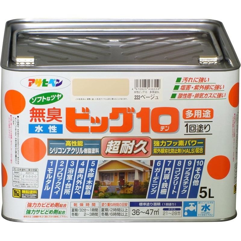 アサヒペン 9011235 水性ビッグ10多用途 5L ベージュ 1個（ご注文単位1個）【直送品】