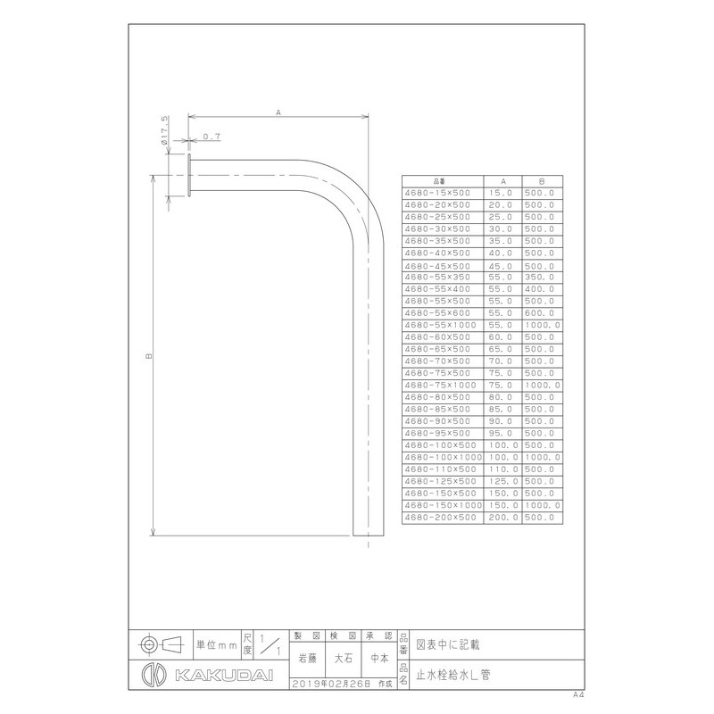 カクダイ 2221799 4680-85×500 止水栓給水L管 #4680-85X500 1個（ご注文単位1個）【直送品】
