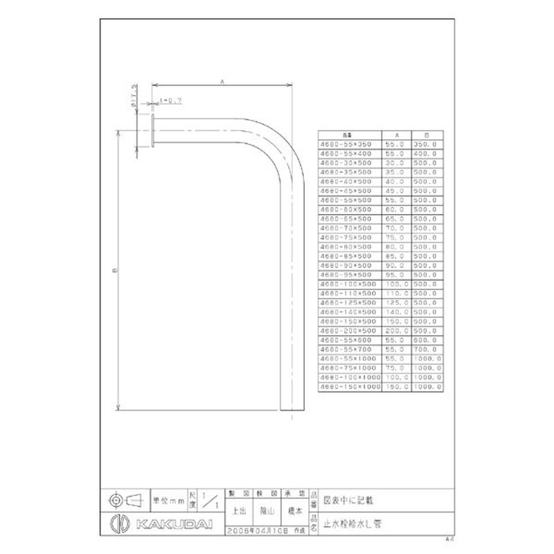 カクダイ 2221801 4680-95×500 止水栓給水L管 #4680-95X500 1個（ご注文単位1個）【直送品】