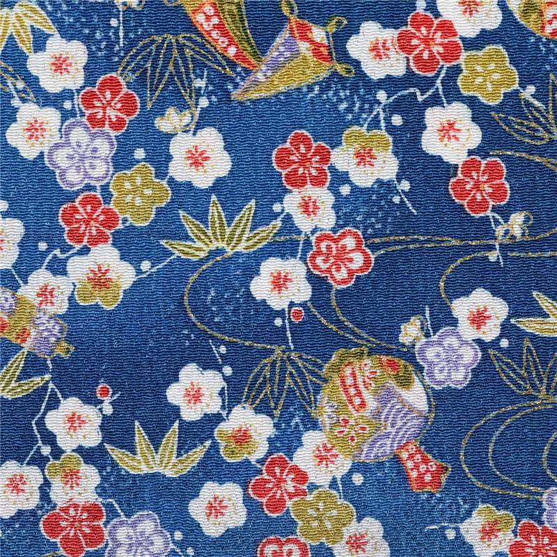 日本紐釦貿易 ちりめん 金彩 梅柄 青 巾約70cm×6ｍ切売カット GK02-07-6M 1枚（ご注文単位1枚）【直送品】