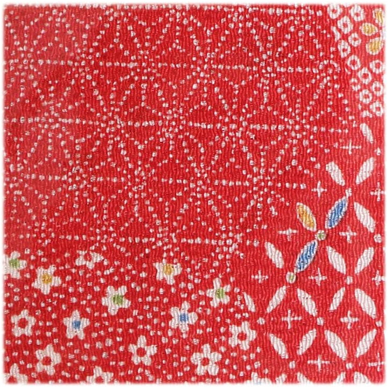 日本紐釦貿易 ちりめん 友禅 麻の葉と花 赤 巾約70cm×1ｍ切売カット 1枚（ご注文単位1枚）【直送品】