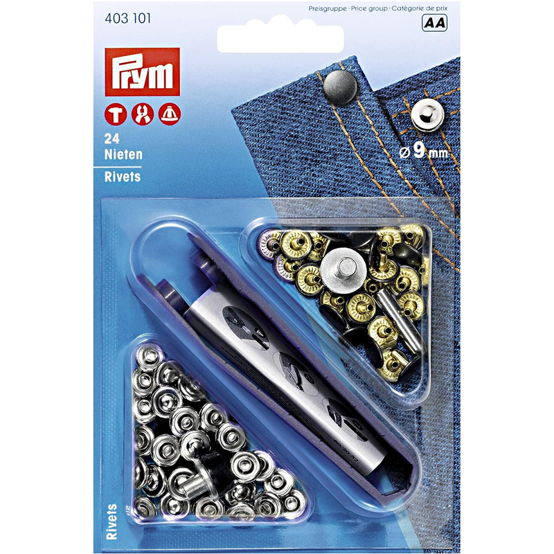 日本紐釦貿易 プリム(Prym) リベット Nieten キット付 φ9mm 24組入 ニッケル/オールドアイアン 403101 (ご注文単位1個)【直送品】