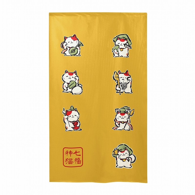 P・O・Pプロダクツ 市松レースのれん  43752　七福神招き猫　黄 1枚（ご注文単位1枚）【直送品】
