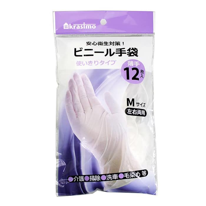 ジャパンプレミアム ビニール手袋 Mサイズ 薄手 12枚入 91420729 1袋（ご注文単位10袋）【直送品】