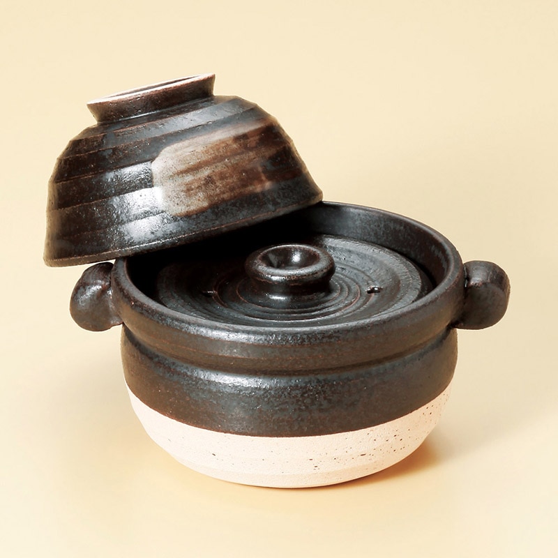 山万 52719-650 黒陶茶碗付ご飯鍋 中蓋付1合炊 1個(ご注文単位1個)【直送品】