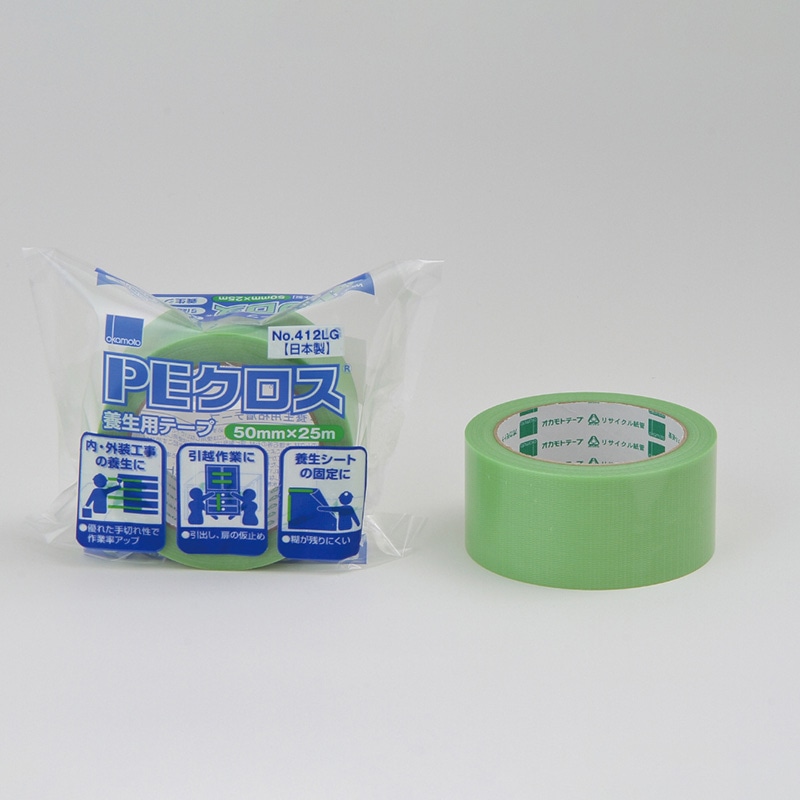 オカモト PEクロス 養生用テープ No.412 50mm×25m ライトグリーン 1個(ご注文単位30個)【直送品】