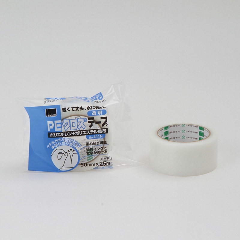 オカモト 布テープ PEクロス No.411N 50mm×25m 透明 1巻(ご注文単位30巻)【直送品】