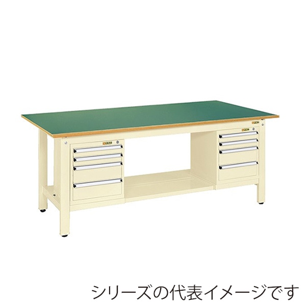 サカエ 軽量作業台 KKタイプ スモールキャビネット2個付サカエリューム天板 グリーン/アイボリー KK-69FSL42IG 1台(ご注文単位1台)【直送品】