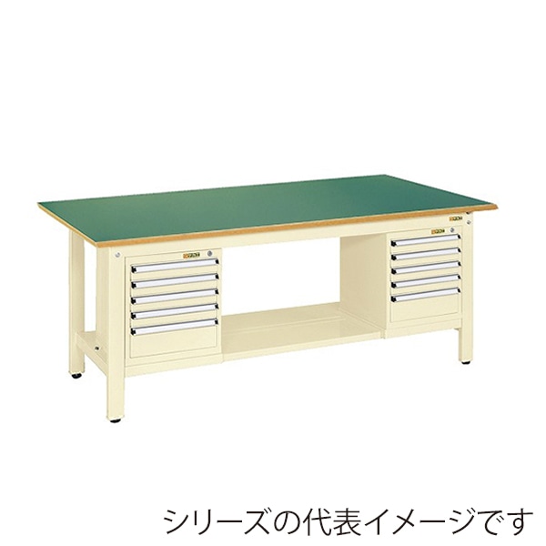 サカエ 軽量作業台 KKタイプ スモールキャビネット2個付サカエリューム天板 グリーン/アイボリー KK-69FSL52IG 1台(ご注文単位1台)【直送品】