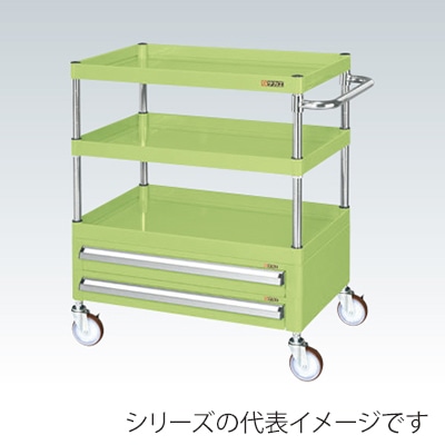 サカエ CSパールワゴン 中量 3段 引出2段付 天板皿型 ナイロンウレタン車 グリーン CSP-7583A2NU 1台(ご注文単位1台)【直送品】