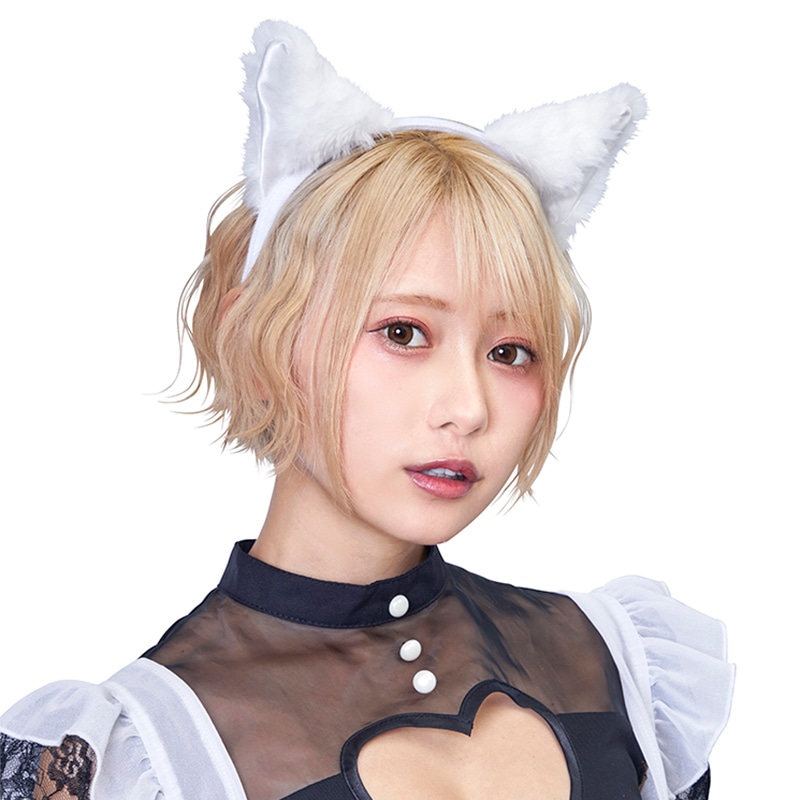 クリアストーン キャットカチューシャ ふせ耳 ホワイト×ホワイト フリーサイズ 1個(ご注文単位1個)【直送品】